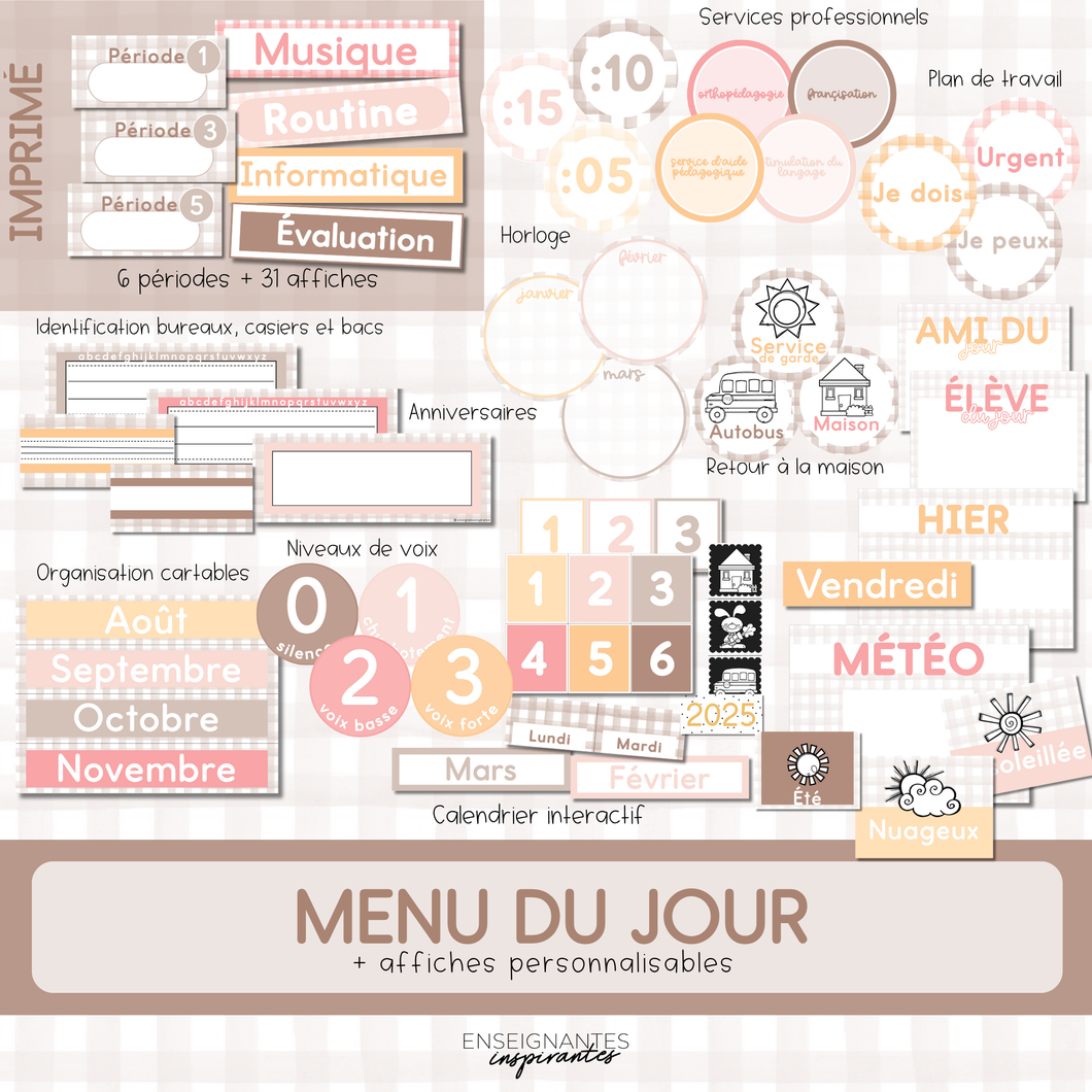 Menu du jour IMPRIMÉ (carreaux)