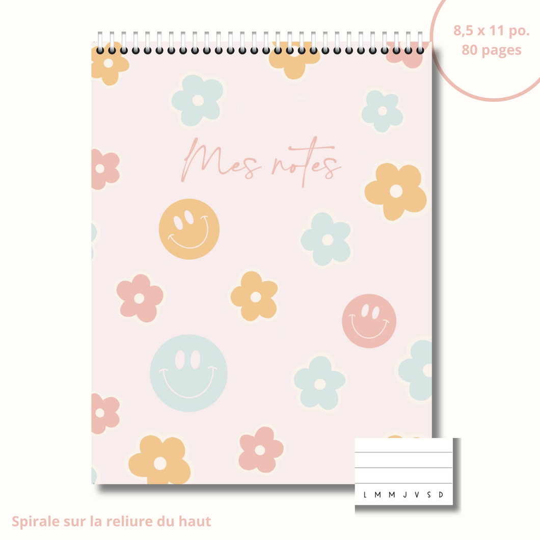 Cahier de notes (sourires et fleurs pastels)