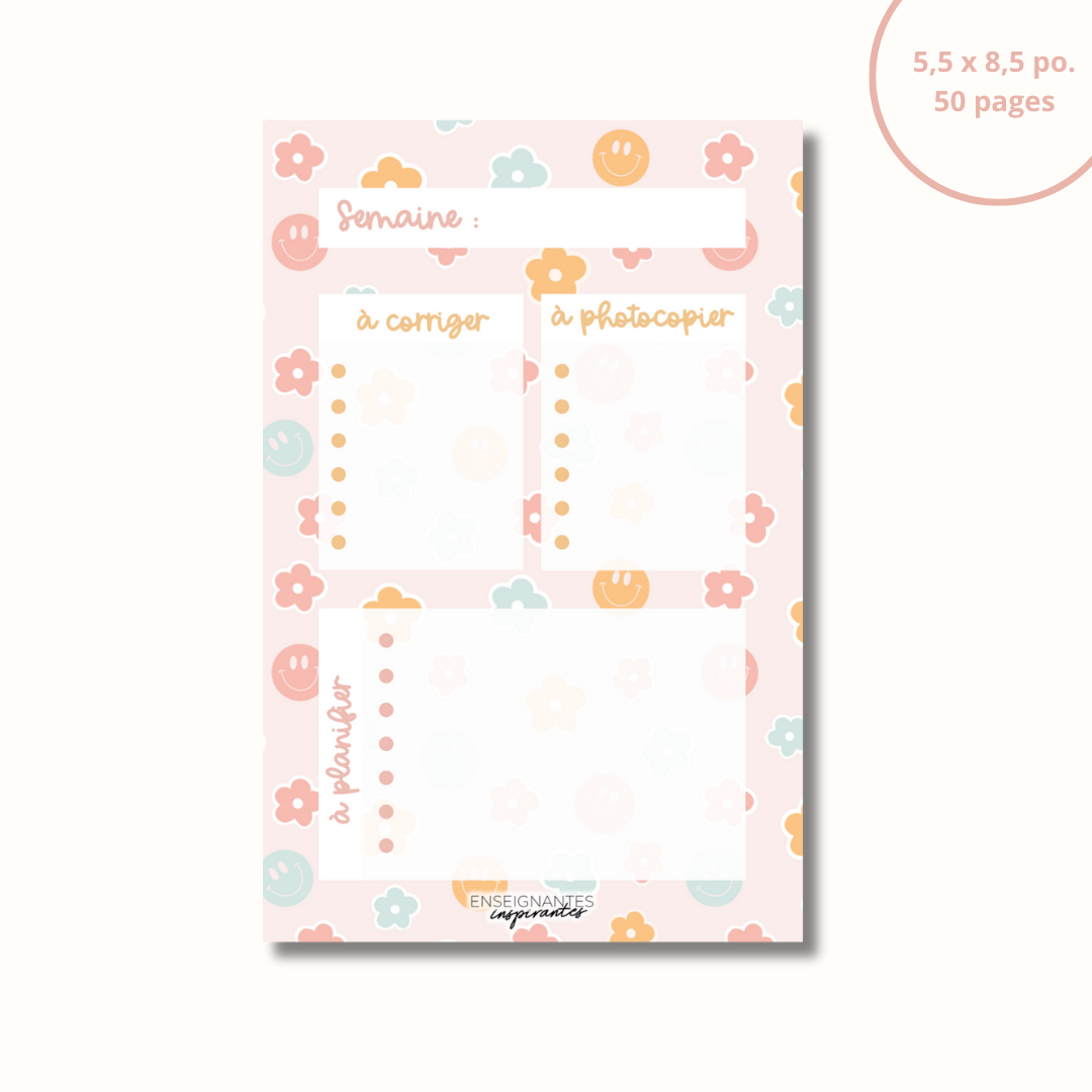 Bloc-note - Planification de prof (Sourires et fleurs pastels)