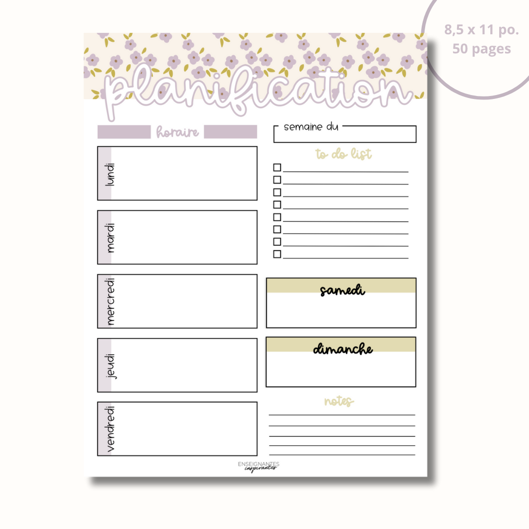 Bloc-note - Planification hebdomadaire (lavande)