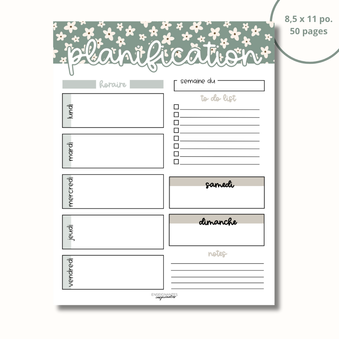 Bloc-note - Planification hebdomadaire (sauge)