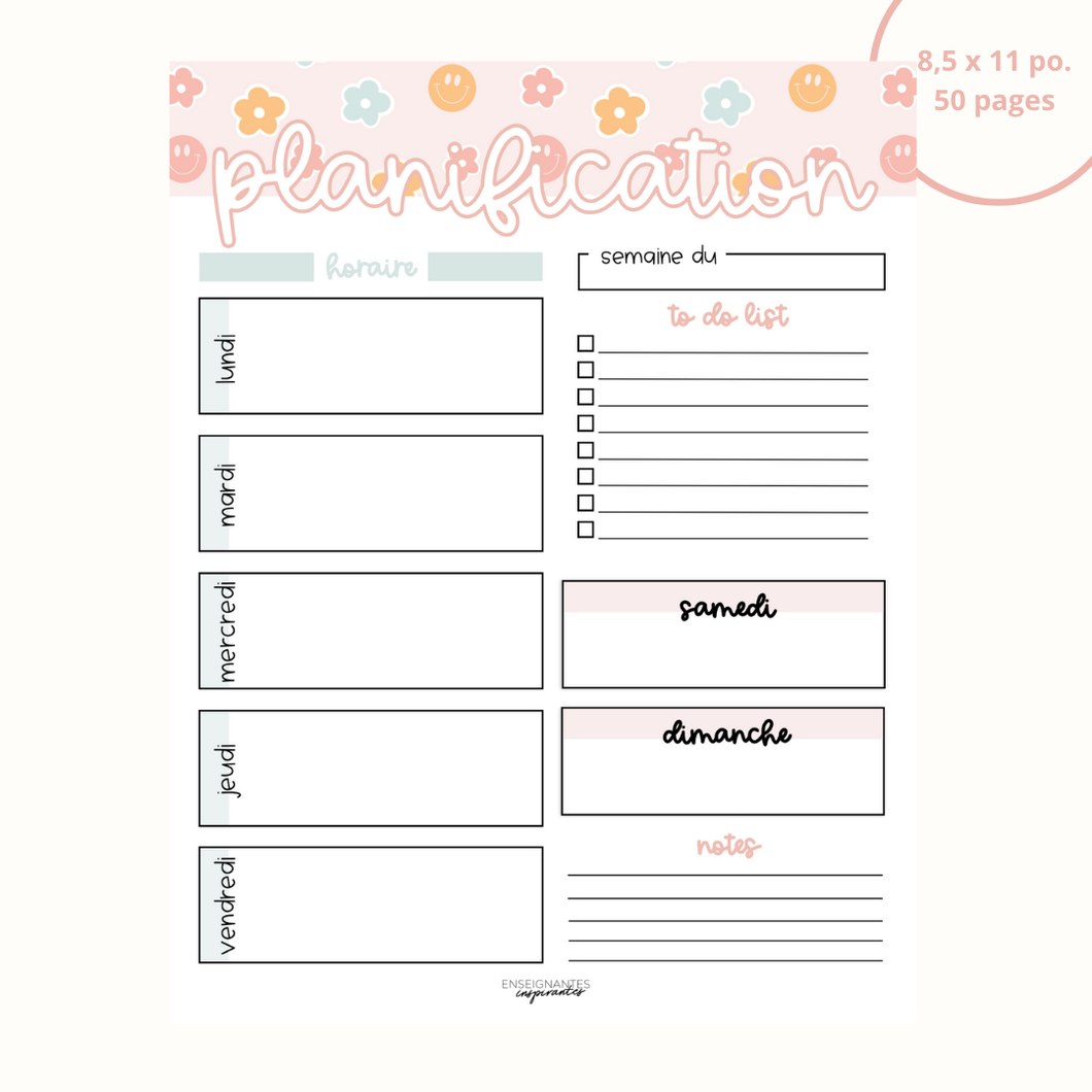 Bloc-note - Planification hebdomadaire (sourires et fleurs pastels)