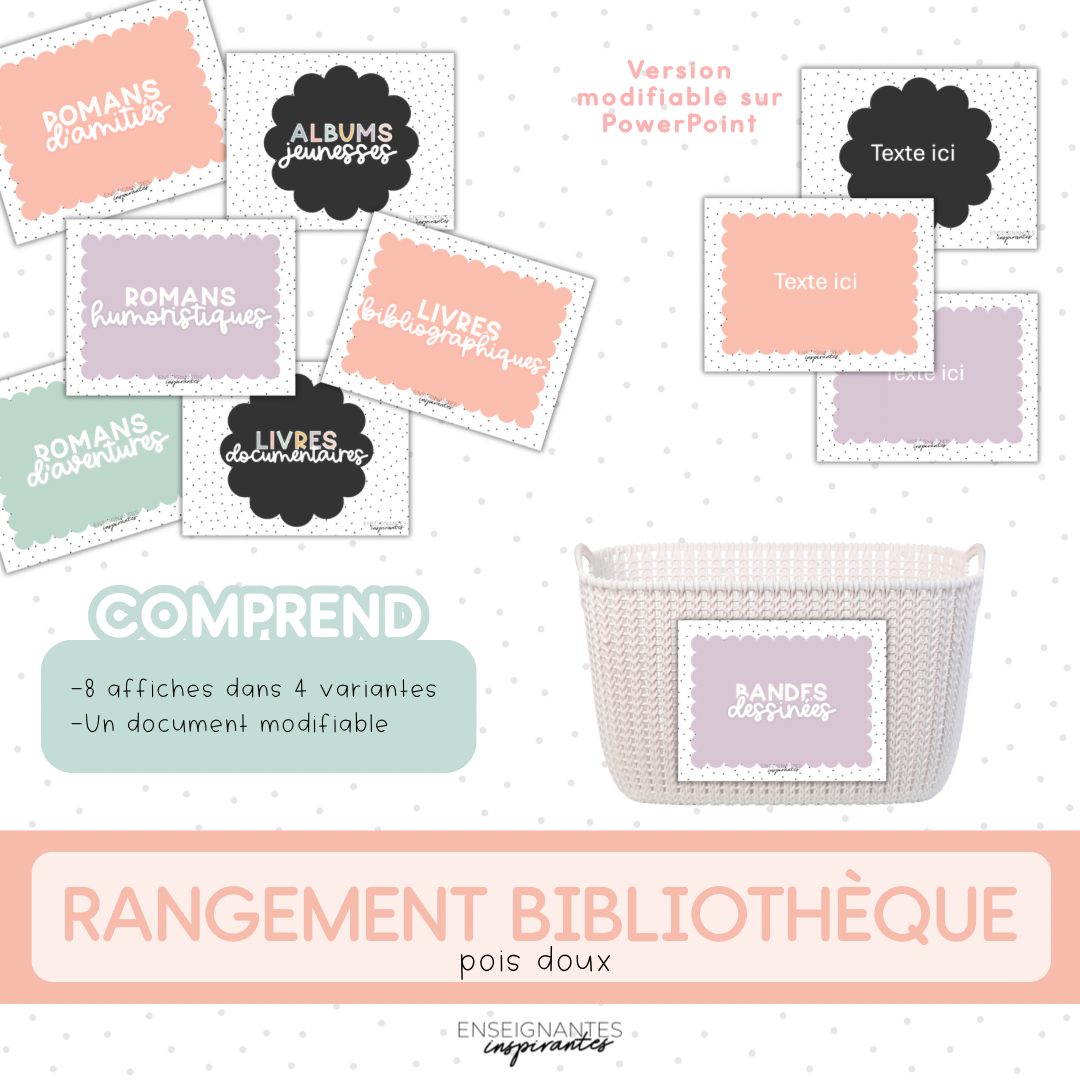 Rangement bibliothèque (pois doux)